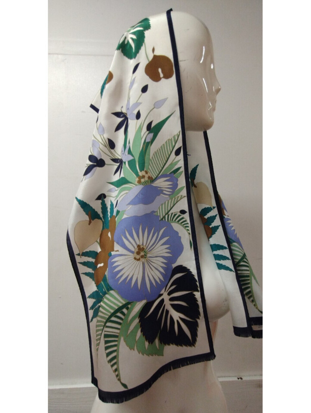 Oscar De La Renta Silk Scarf Tropical Floral Gold Accents Luxury Side Of Scarves